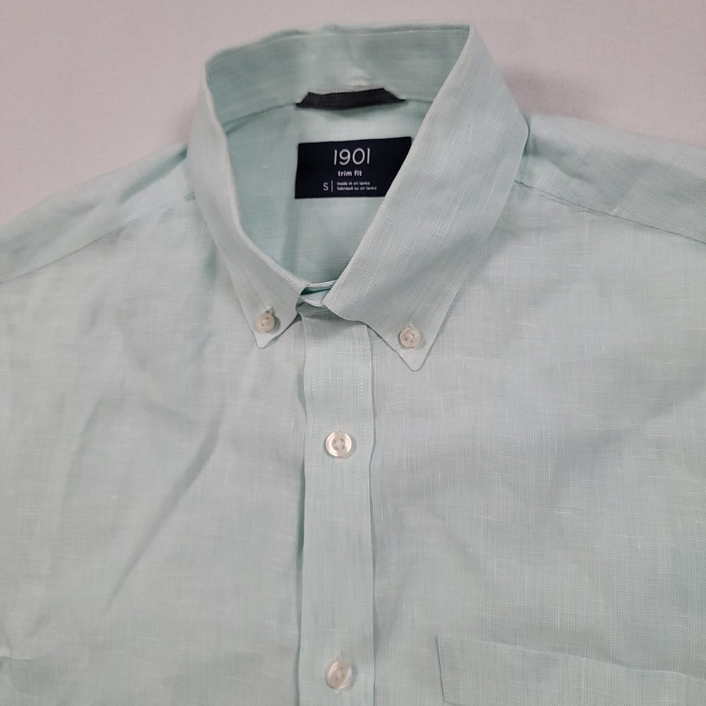 1901 Men Linen Button Front Shirt Small Trim Fit Mint Green Short‎ Sleeve